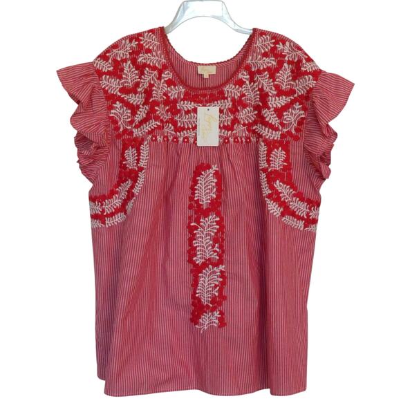 NWT Layerz Embroidered Floral Red Stripe Ruffle Sleeve Top 3X Plus New Gameday - Picture 1 of 9